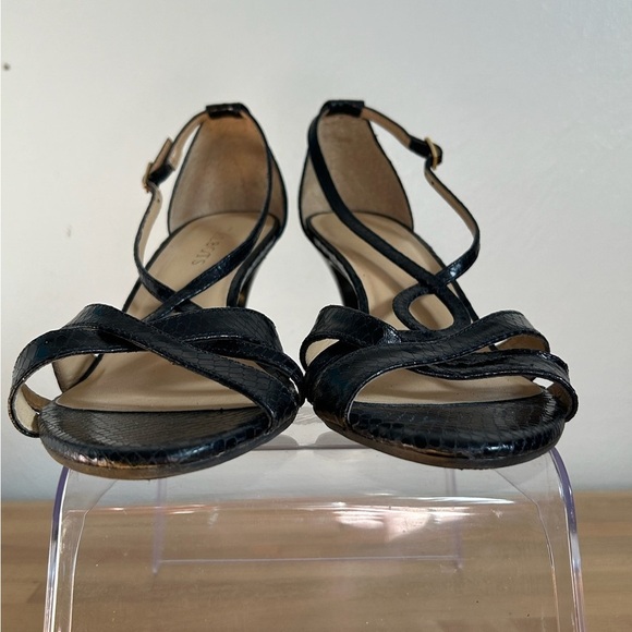 Talbots Lana Strappy Ankle Strap Black Leather Snake Skin 3 Inch Heel Size 9 - Picture 4 of 10
